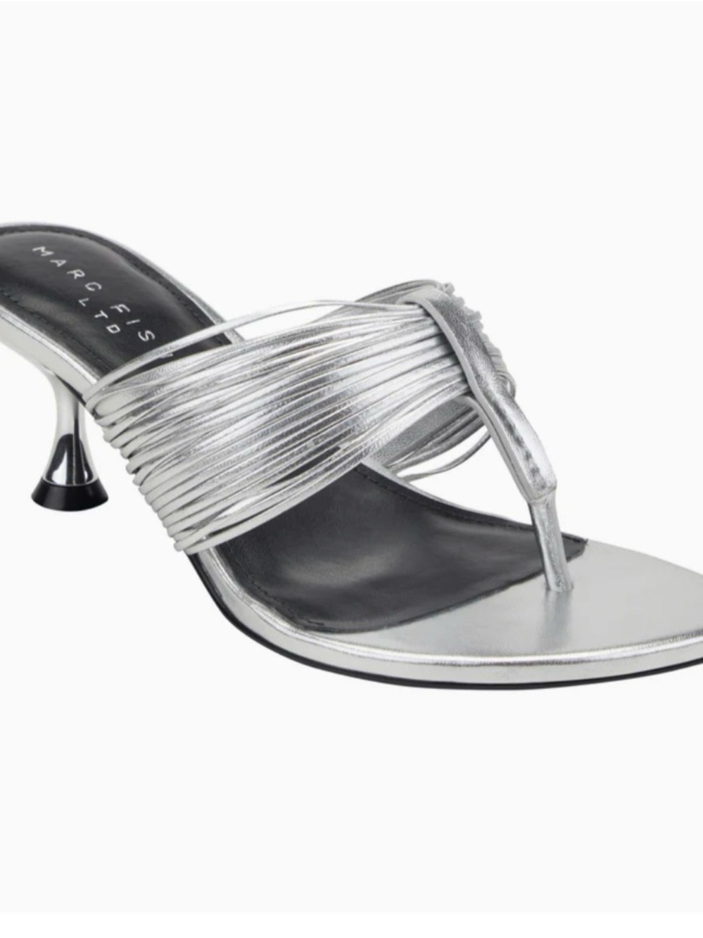 Marc Fisher Pamela  Silver Strappy Thong Kitten Heel Mule
